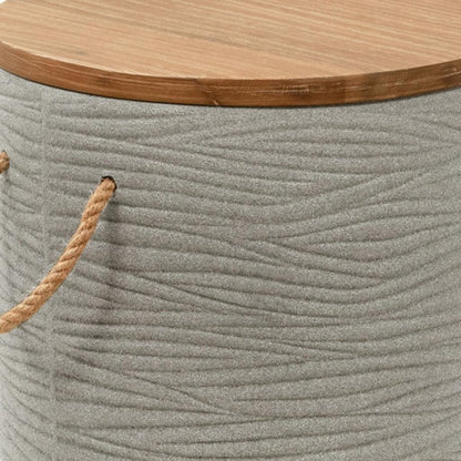 18" Natural and Gray Solid Wood and Faux Concrete Round Drum End Table