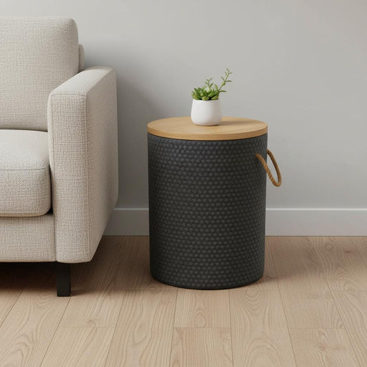 18" Natural and Black Solid Wood and Faux Concrete Round Block End Table