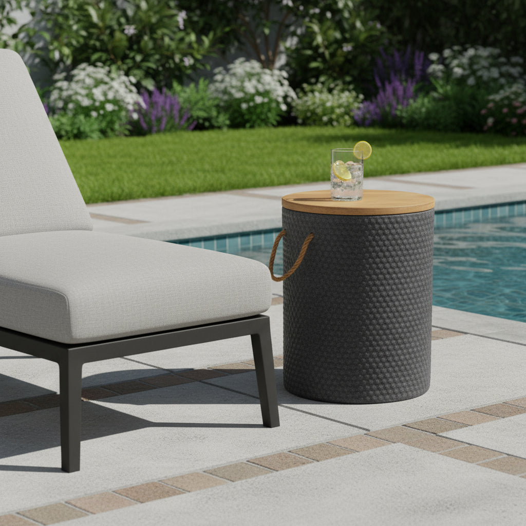 18" Natural and Black Solid Wood and Faux Concrete Round Block End Table