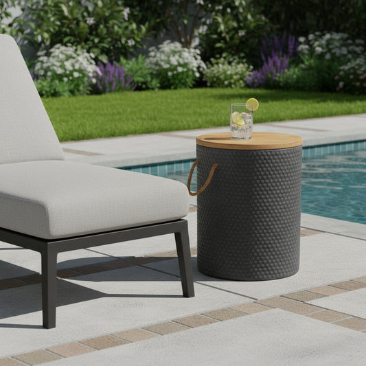 18" Natural and Black Solid Wood and Faux Concrete Round Block End Table