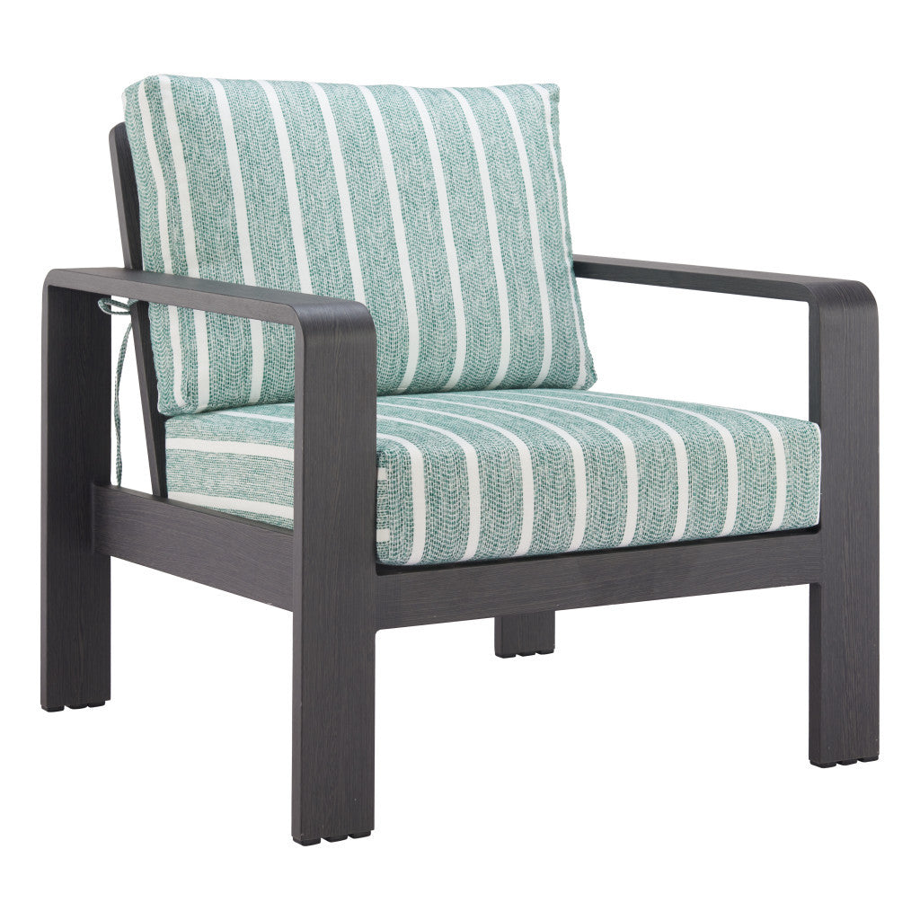 33" Green White and Black Upholstered and Aluminum Striped Arm Chair