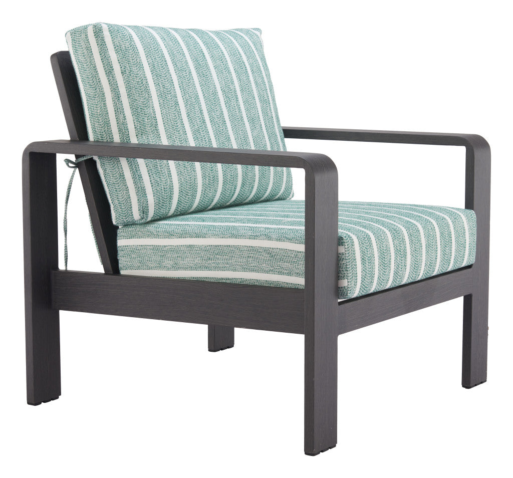 33" Green White and Black Upholstered and Aluminum Striped Arm Chair
