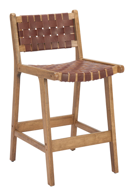 26" Brown Leather and Solid Wood Low Back Counter Height Bar Chair