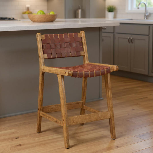 26" Brown Leather and Solid Wood Low Back Counter Height Bar Chair