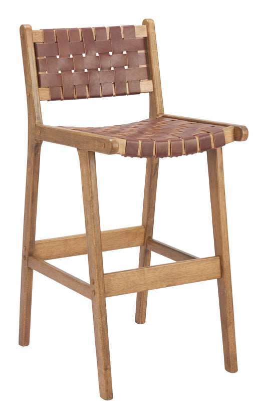 29" Brown Leather and Solid Wood Low Back Bar Height Bar Chair