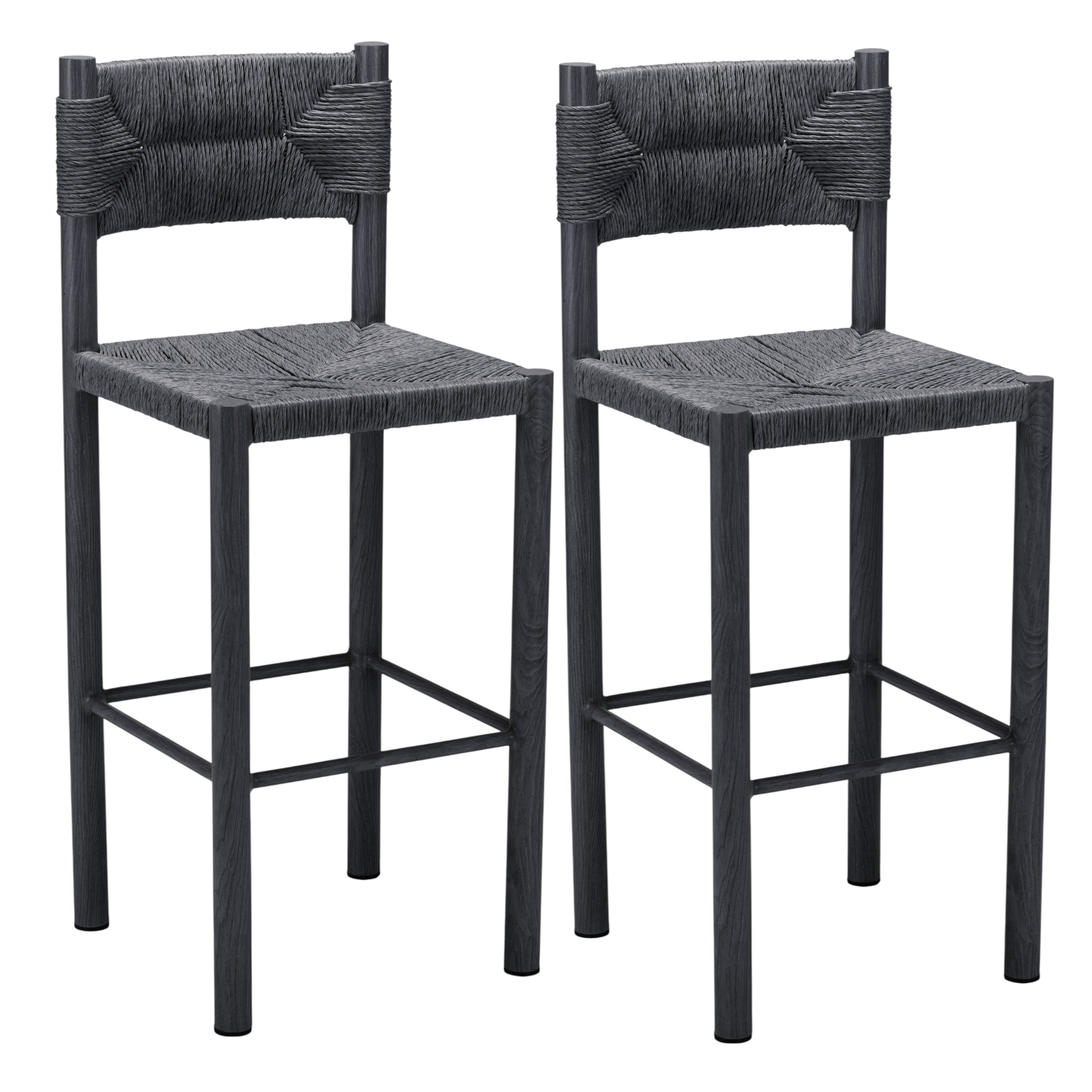 Set of Two 30" Black Rattan and Aluminum Low Back Bar Height Bar Chairs