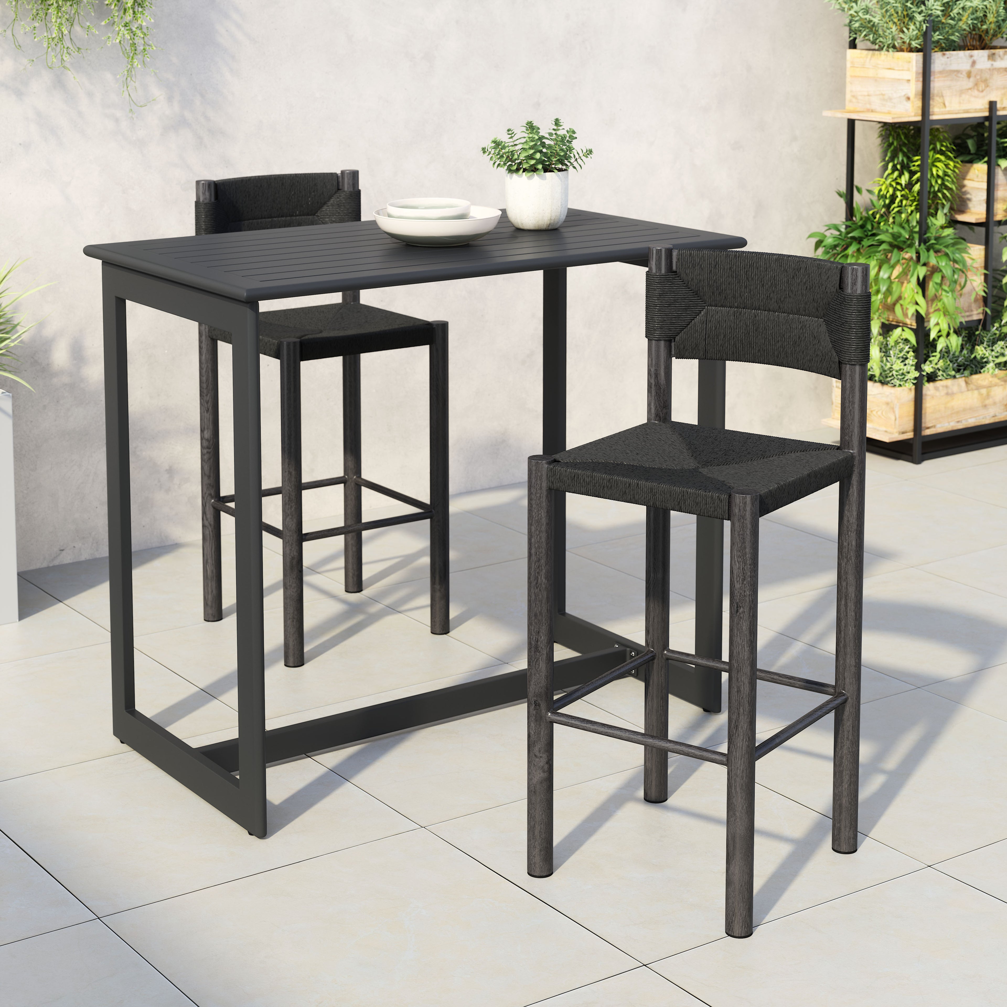 Set of Two 30" Black Rattan and Aluminum Low Back Bar Height Bar Chairs