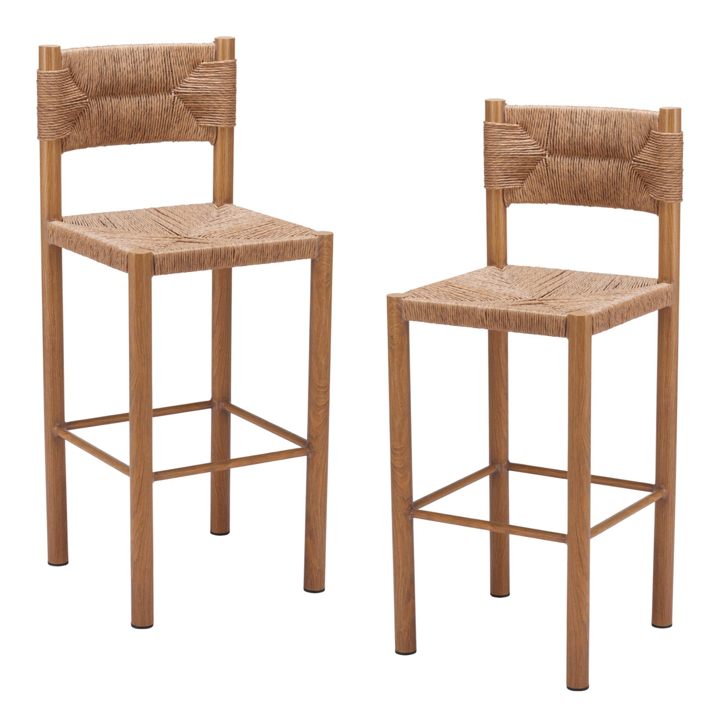 Set of Two 30" Natural Rattan and Aluminum Low Back Bar Height Bar Chairs