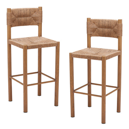 Set of Two 30" Natural Rattan and Aluminum Low Back Bar Height Bar Chairs