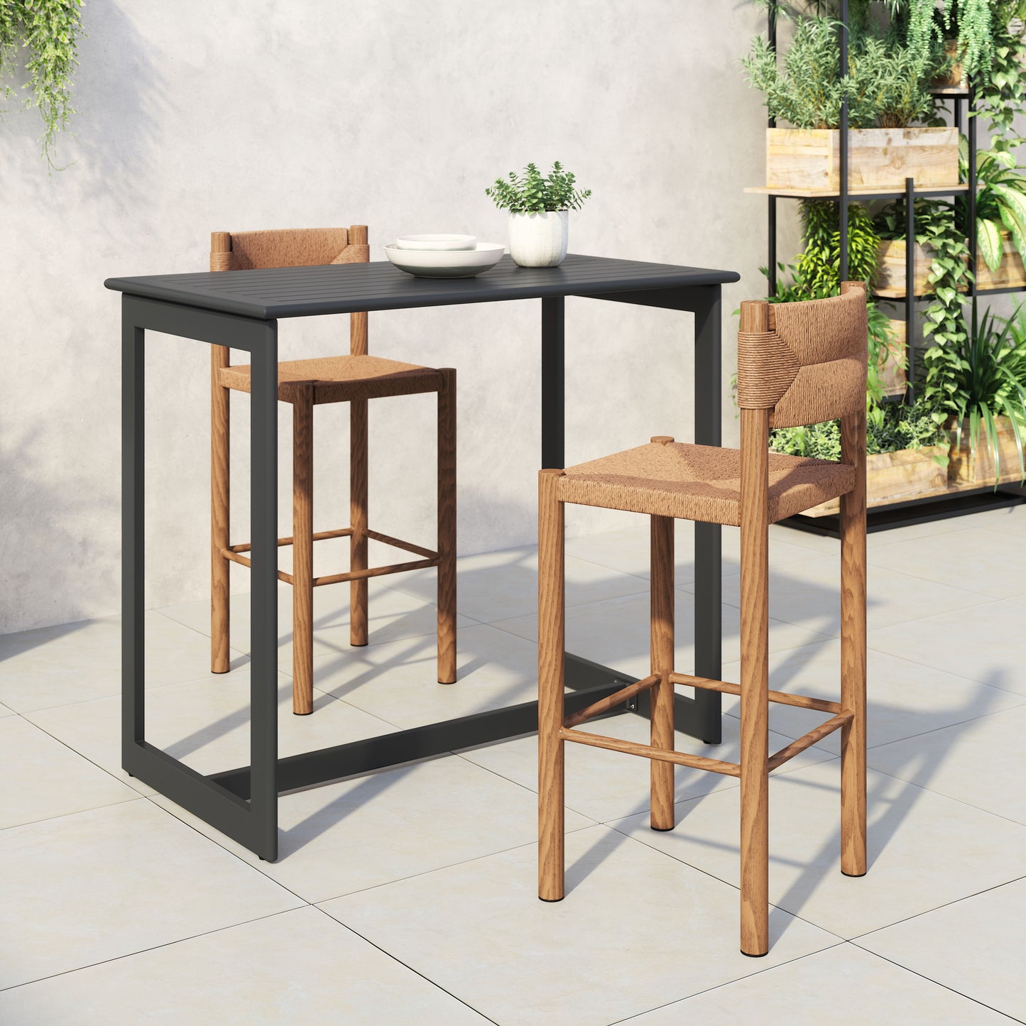 Set of Two 30" Natural Rattan and Aluminum Low Back Bar Height Bar Chairs