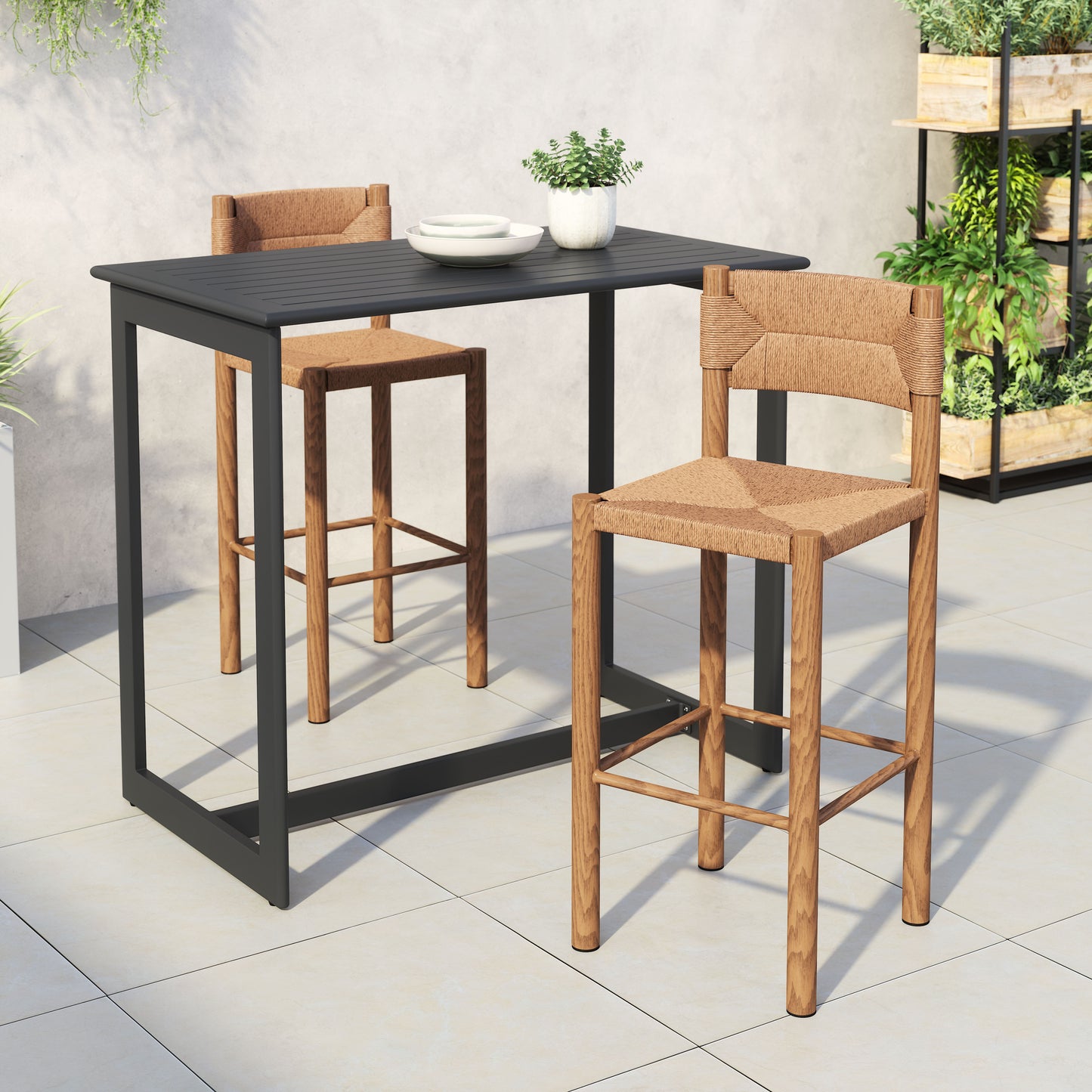 Set of Two 30" Natural Rattan and Aluminum Low Back Bar Height Bar Chairs