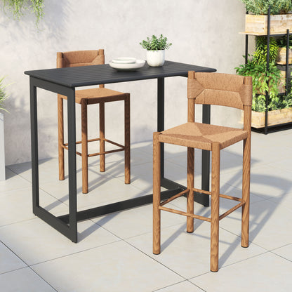 Set of Two 30" Natural Rattan and Aluminum Low Back Bar Height Bar Chairs