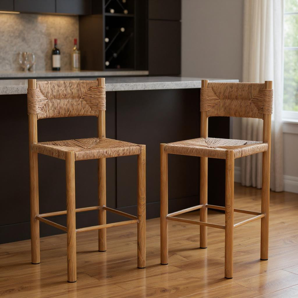 Set of Two 30" Natural Rattan and Aluminum Low Back Bar Height Bar Chairs