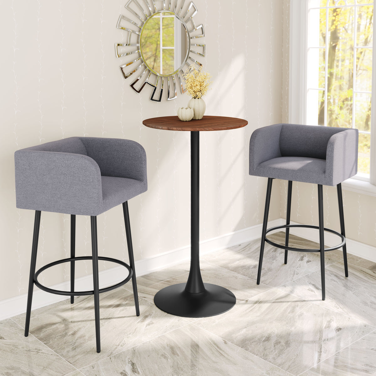 24" Brown and Black Wood and Steel Rounded Bar Table