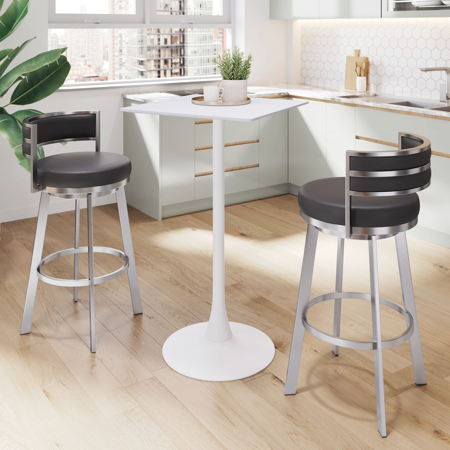24" White Wood and Steel Square Bar Table
