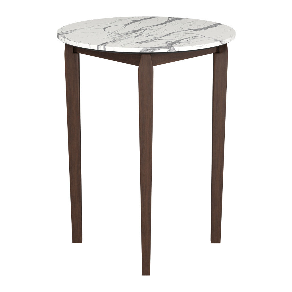 32" White and Brown Faux Marble and Solid Wood Rounded Bar Table