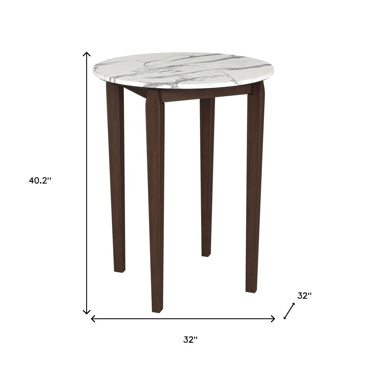 32" White and Brown Faux Marble and Solid Wood Rounded Bar Table