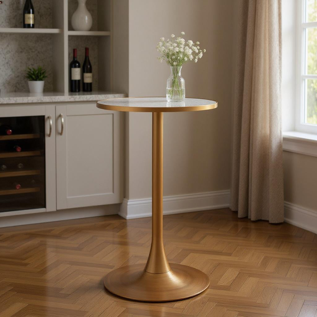 24" Beige and Gold Faux Terrazzo and Steel Rounded Bar Table