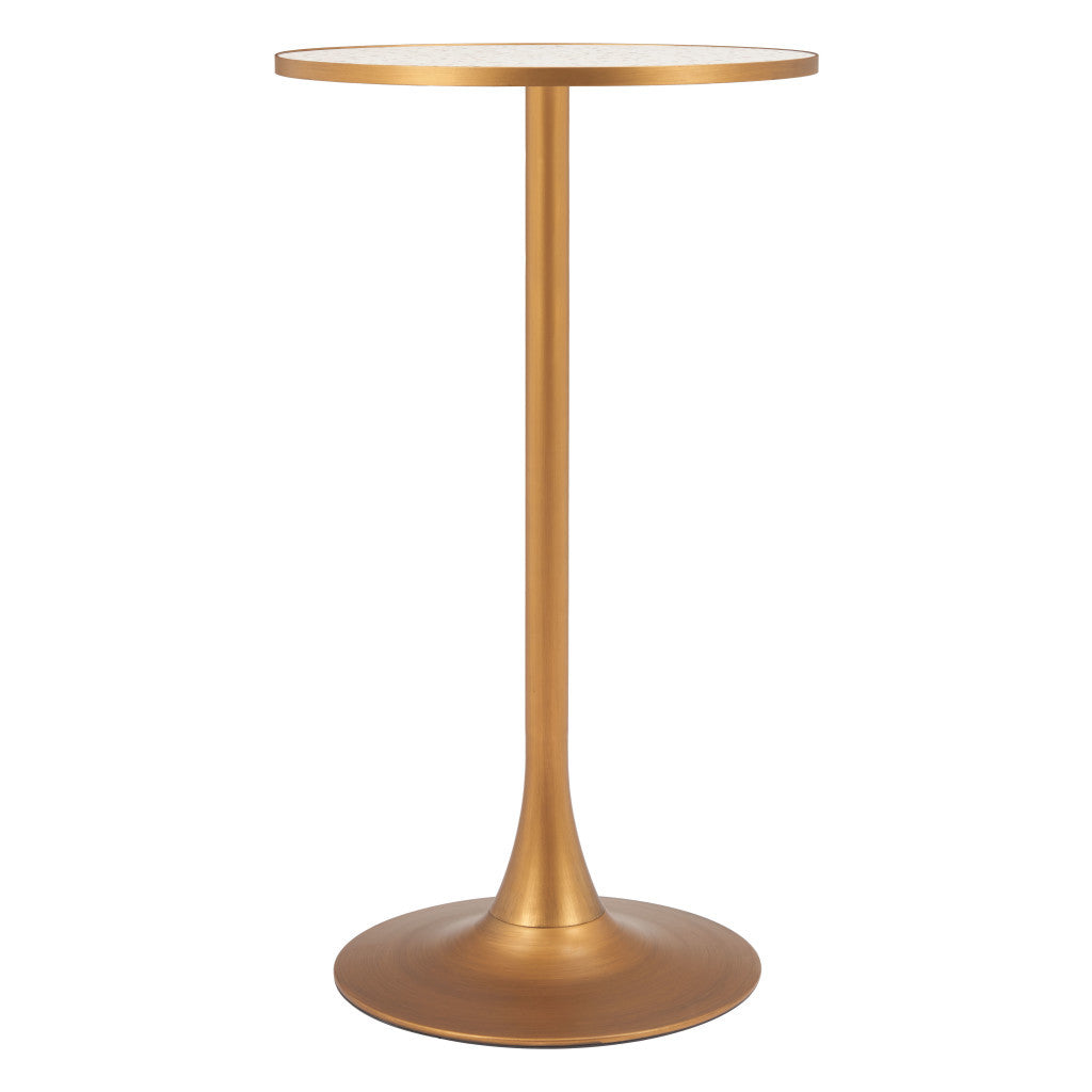 24" Beige and Gold Faux Terrazzo and Steel Rounded Bar Table