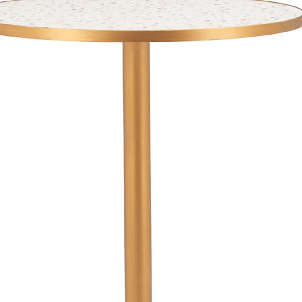 24" Beige and Gold Faux Terrazzo and Steel Rounded Bar Table