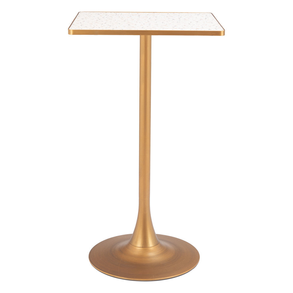 24" Beige and Gold Faux Terrazzo and Steel Square Bar Table