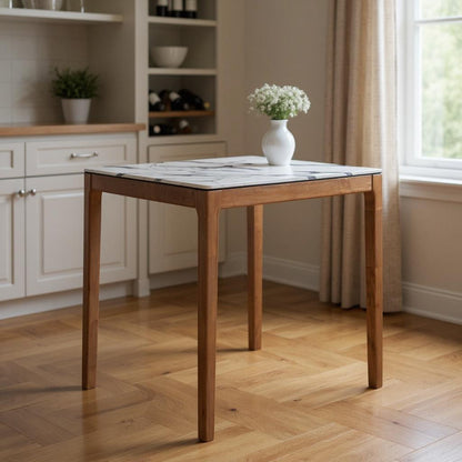 32" White and Natural Faux Marble and Solid Wood Square Bar Table
