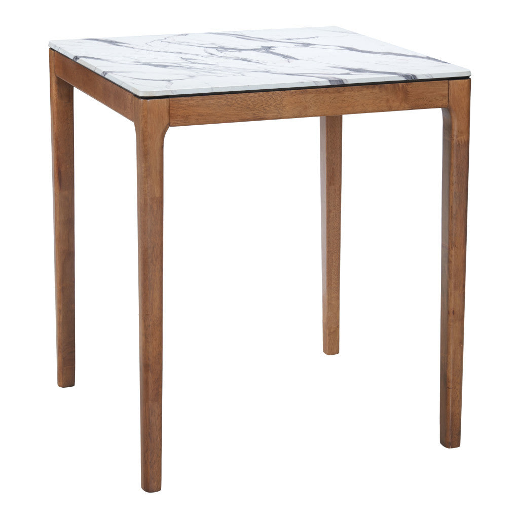 32" White and Natural Faux Marble and Solid Wood Square Bar Table