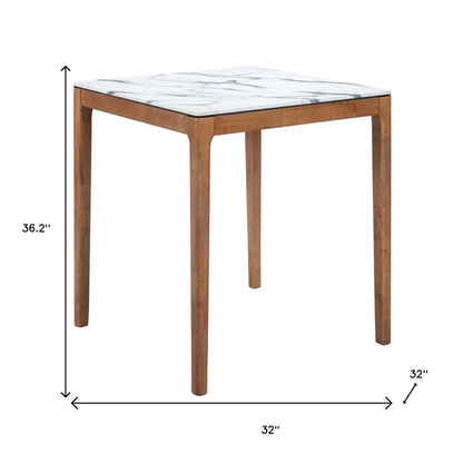 32" White and Natural Faux Marble and Solid Wood Square Bar Table