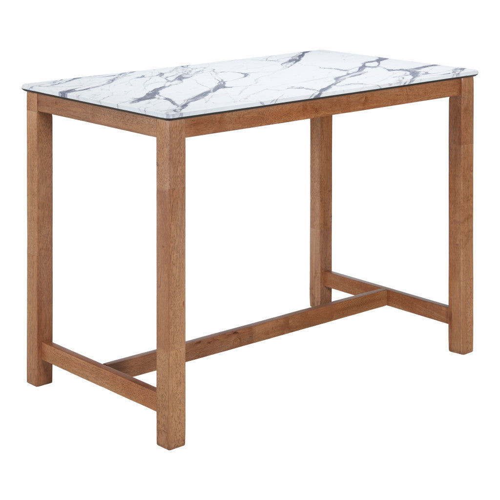 48" White and Natural Faux Marble and Solid Wood Rectangular Bar Table