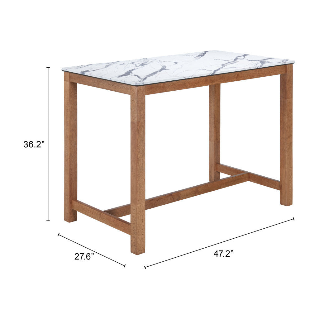 48" White and Natural Faux Marble and Solid Wood Rectangular Bar Table
