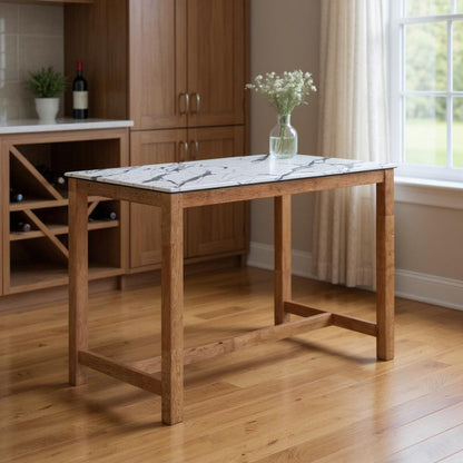 48" White and Natural Faux Marble and Solid Wood Rectangular Bar Table