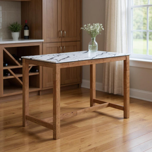 48" White and Natural Faux Marble and Solid Wood Rectangular Bar Table
