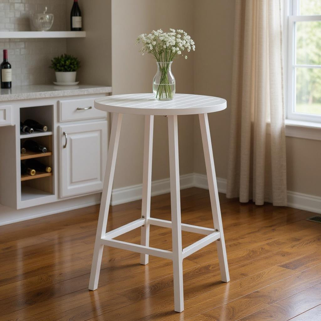 24" White Aluminum Slat Rounded Outdoor Bar Table