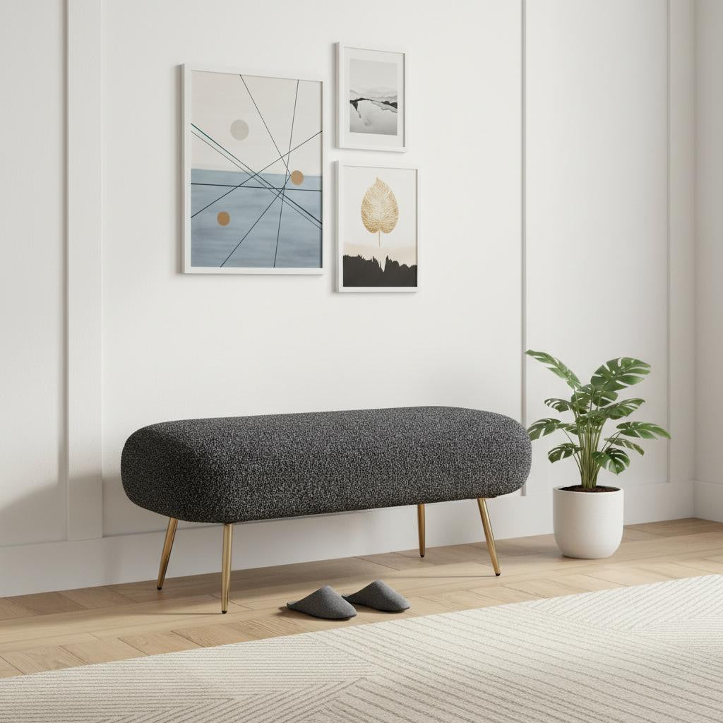 48" Black and Gold Fabric Upholstered Bench