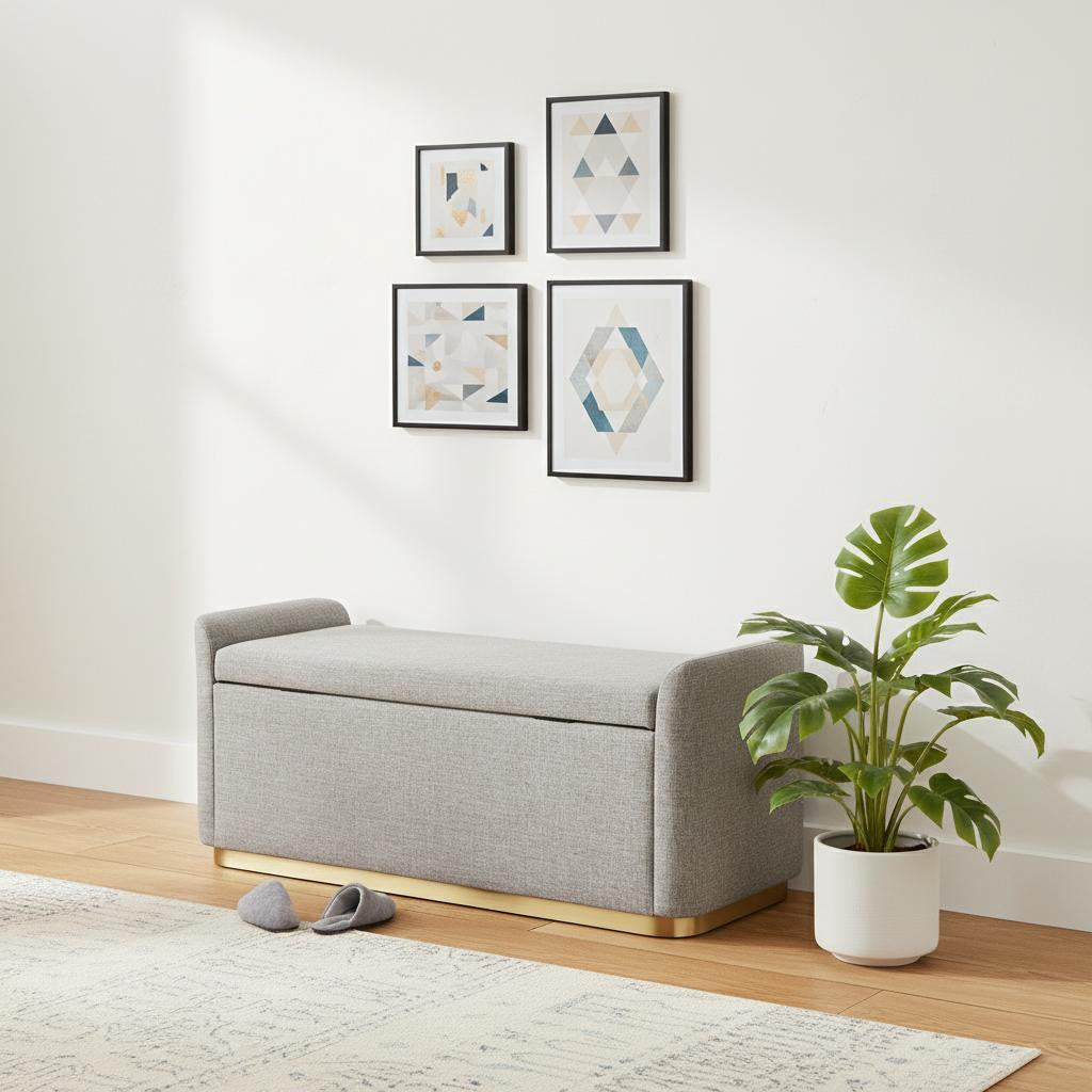 48" Gray and Gold Fabric Upholstered Bench