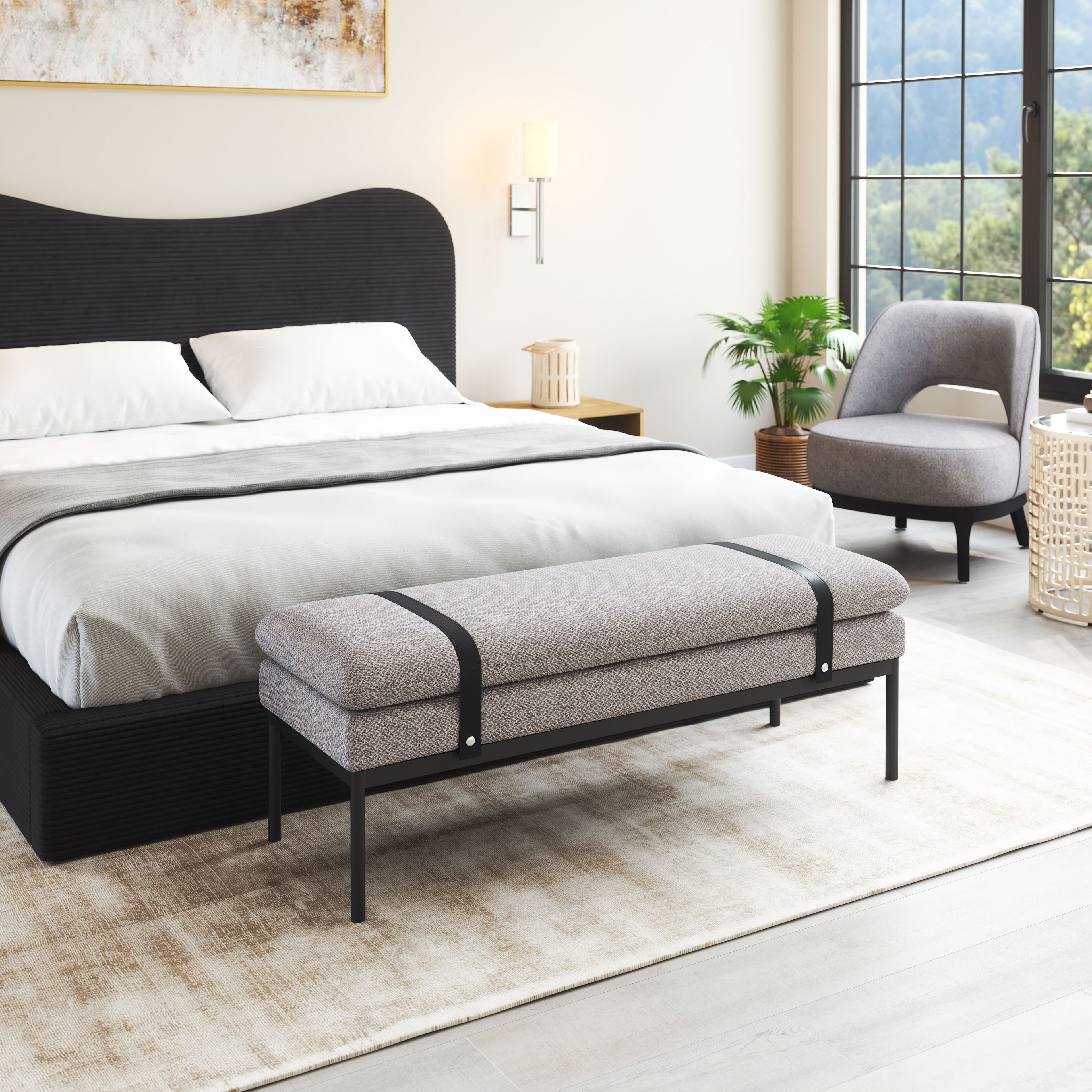 48" Gray and Black Fabric Upholstered Bench