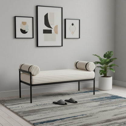 56" Cream and Black Fabric Upholstered Bench