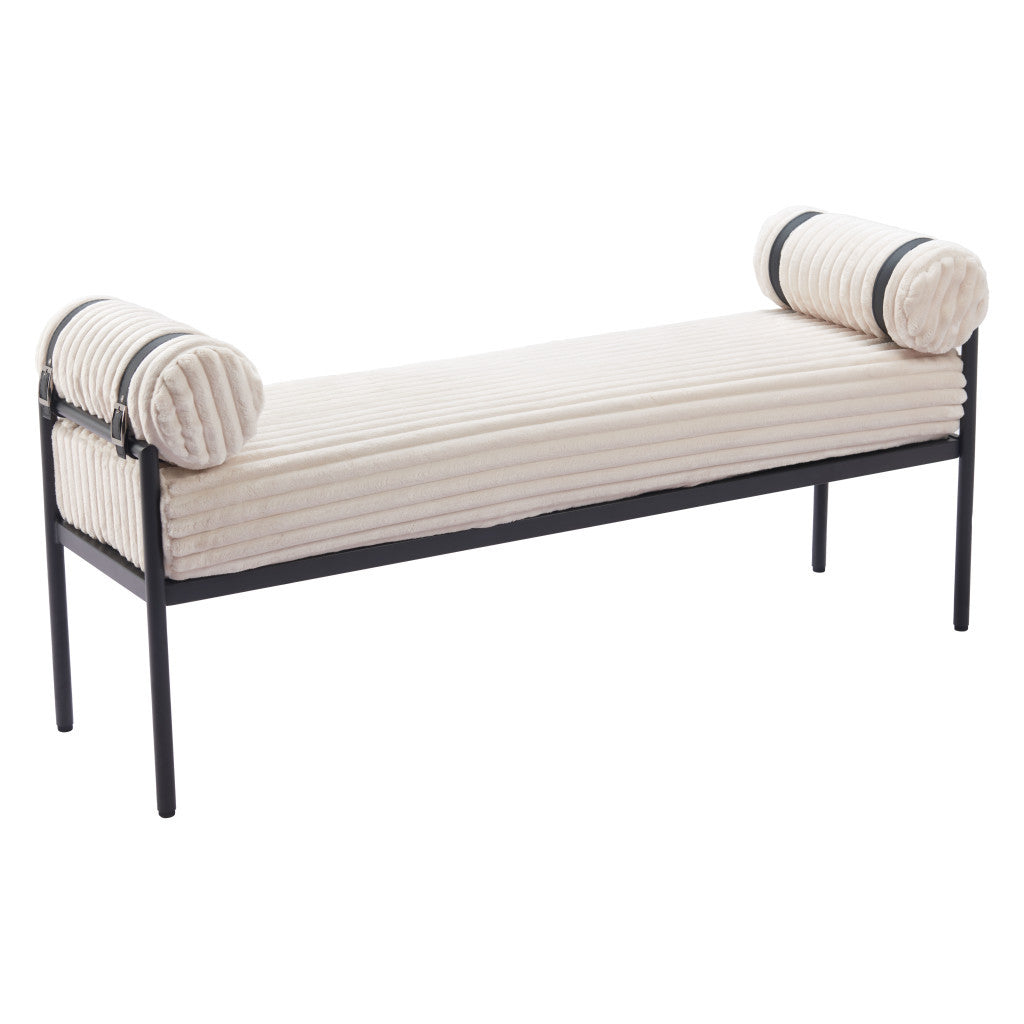 56" Cream and Black Fabric Upholstered Bench