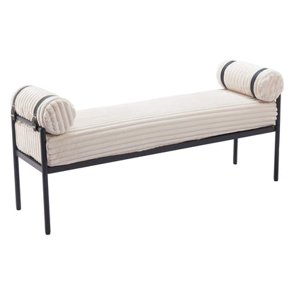 56" Cream and Black Fabric Upholstered Bench