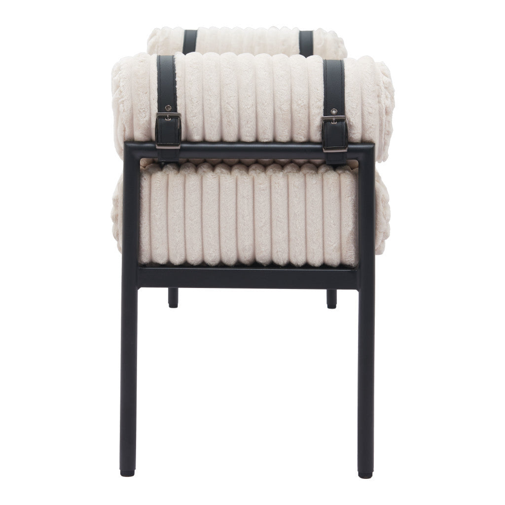 56" Cream and Black Fabric Upholstered Bench