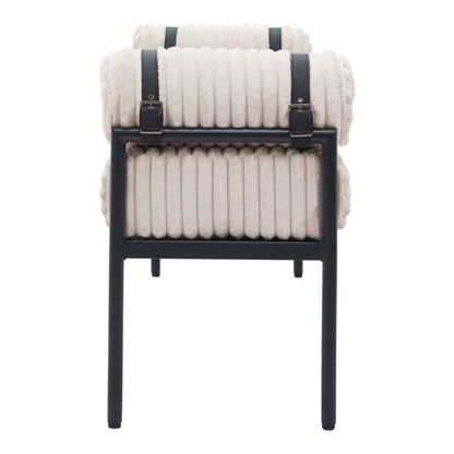 56" Cream and Black Fabric Upholstered Bench