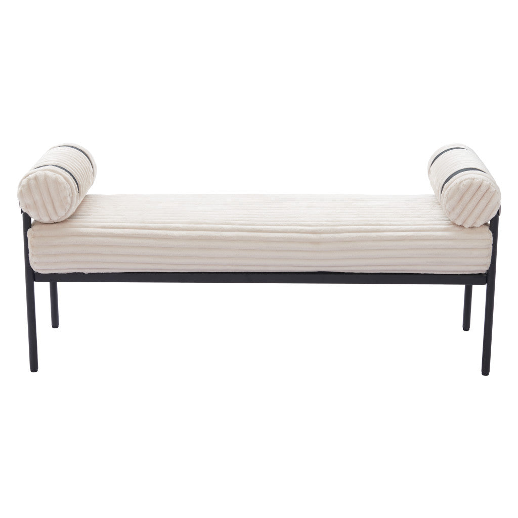 56" Cream and Black Fabric Upholstered Bench