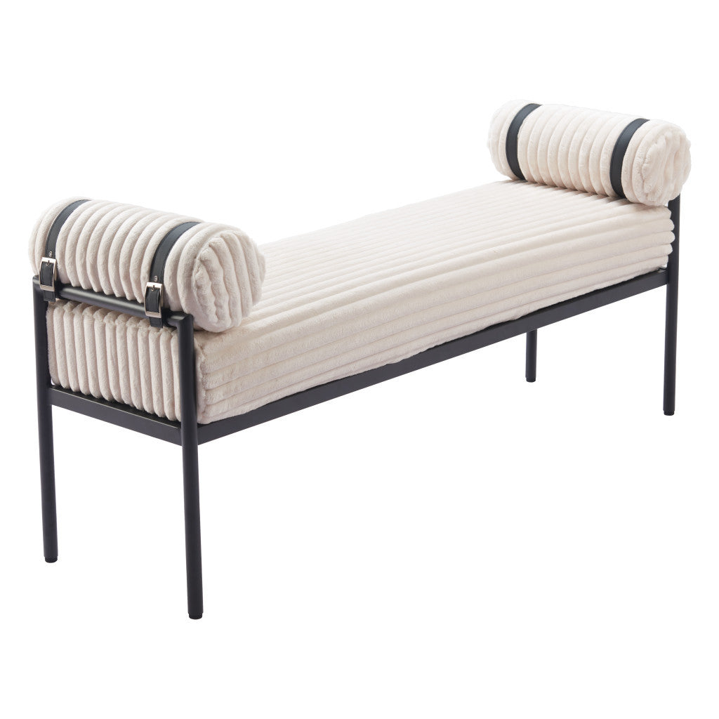 56" Cream and Black Fabric Upholstered Bench
