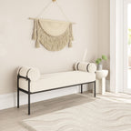 56" Cream and Black Fabric Upholstered Bench