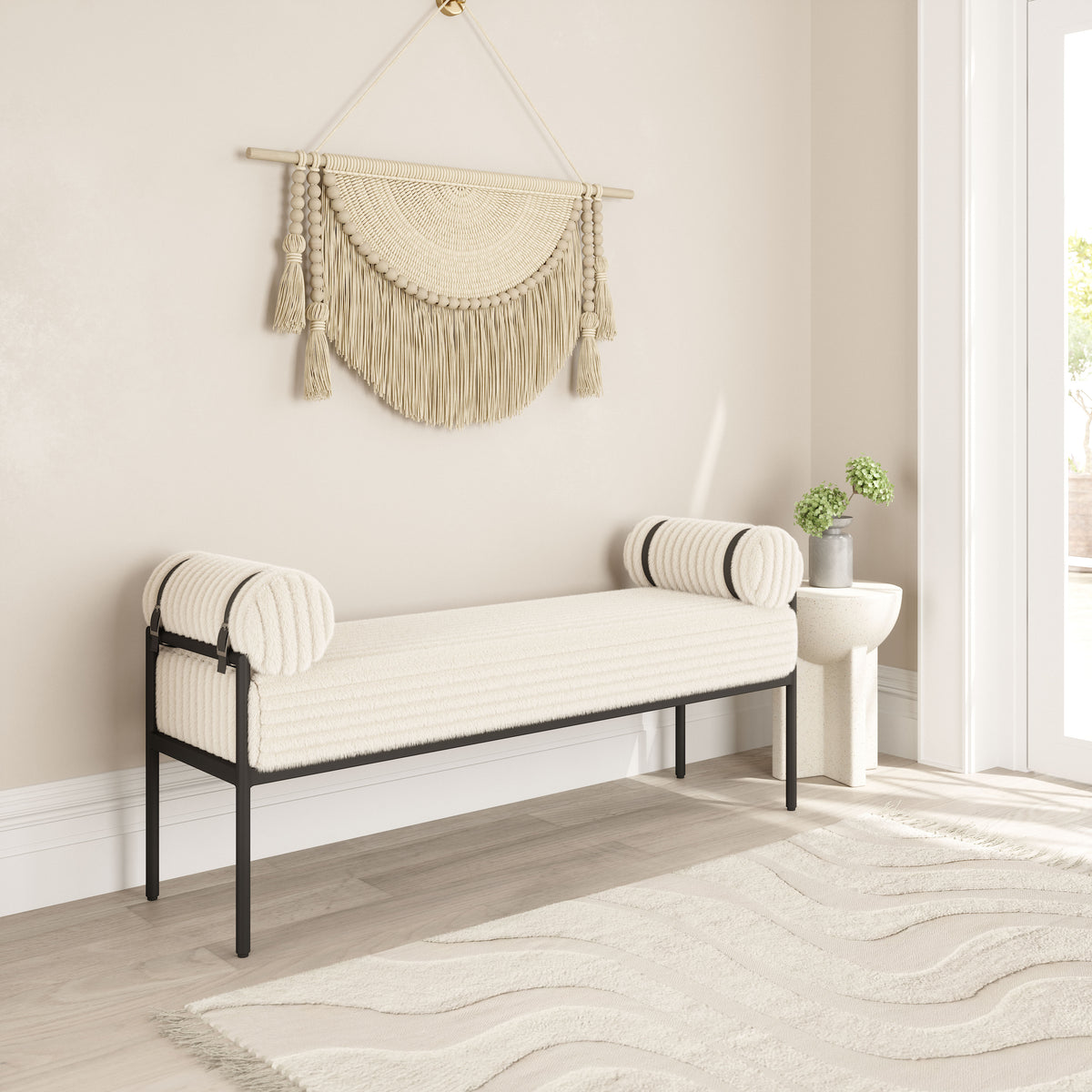 56" Cream and Black Fabric Upholstered Bench