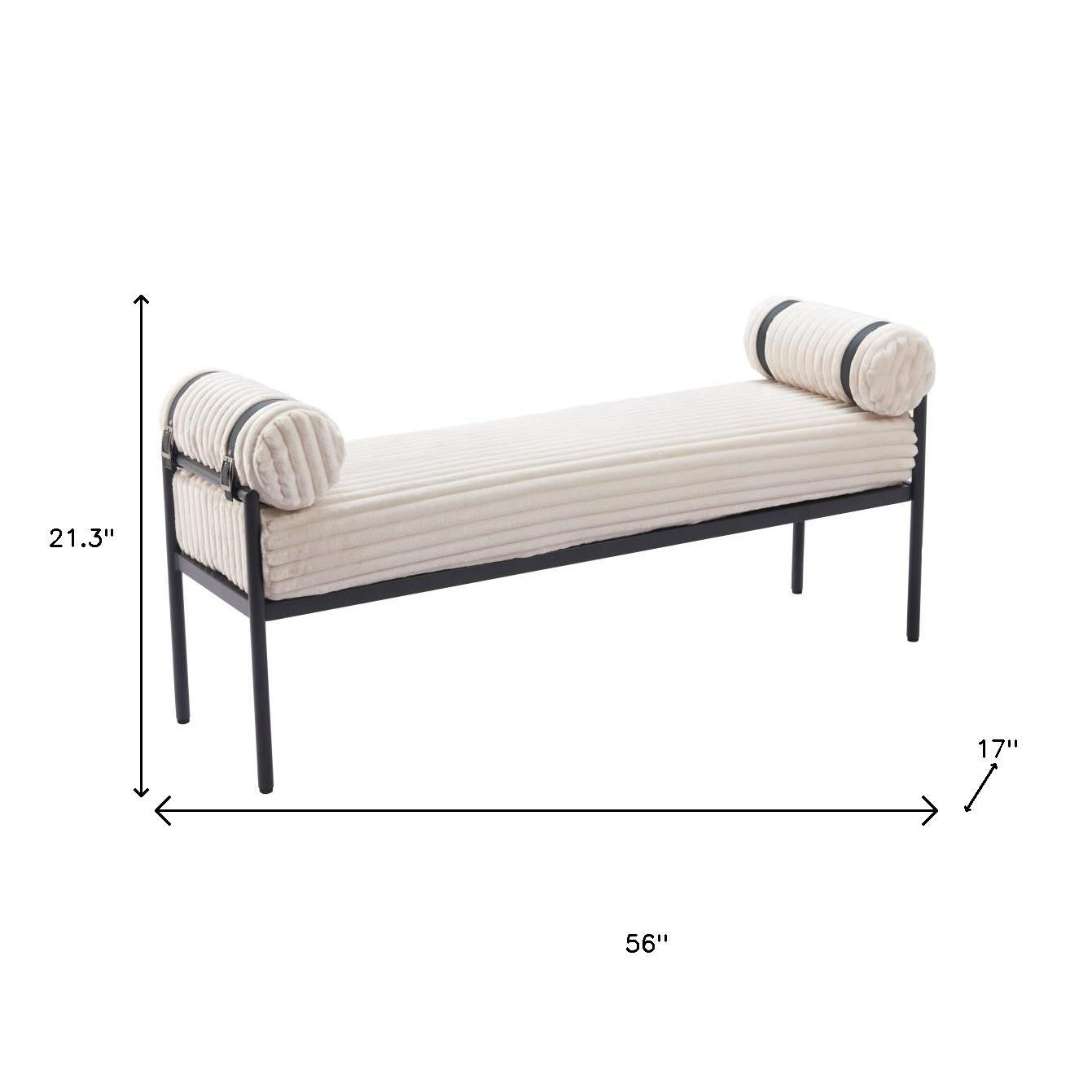 56" Cream and Black Fabric Upholstered Bench