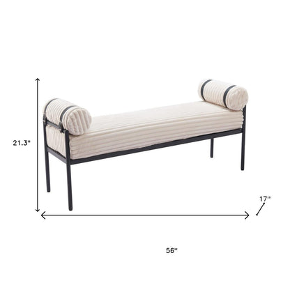 56" Cream and Black Fabric Upholstered Bench