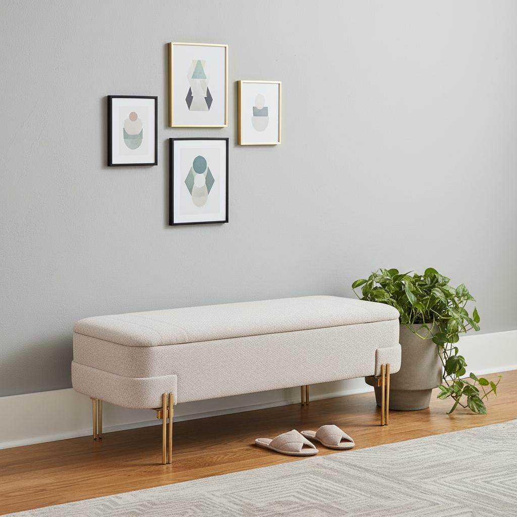 47" Beige and Gold Fabric Upholstered Bench