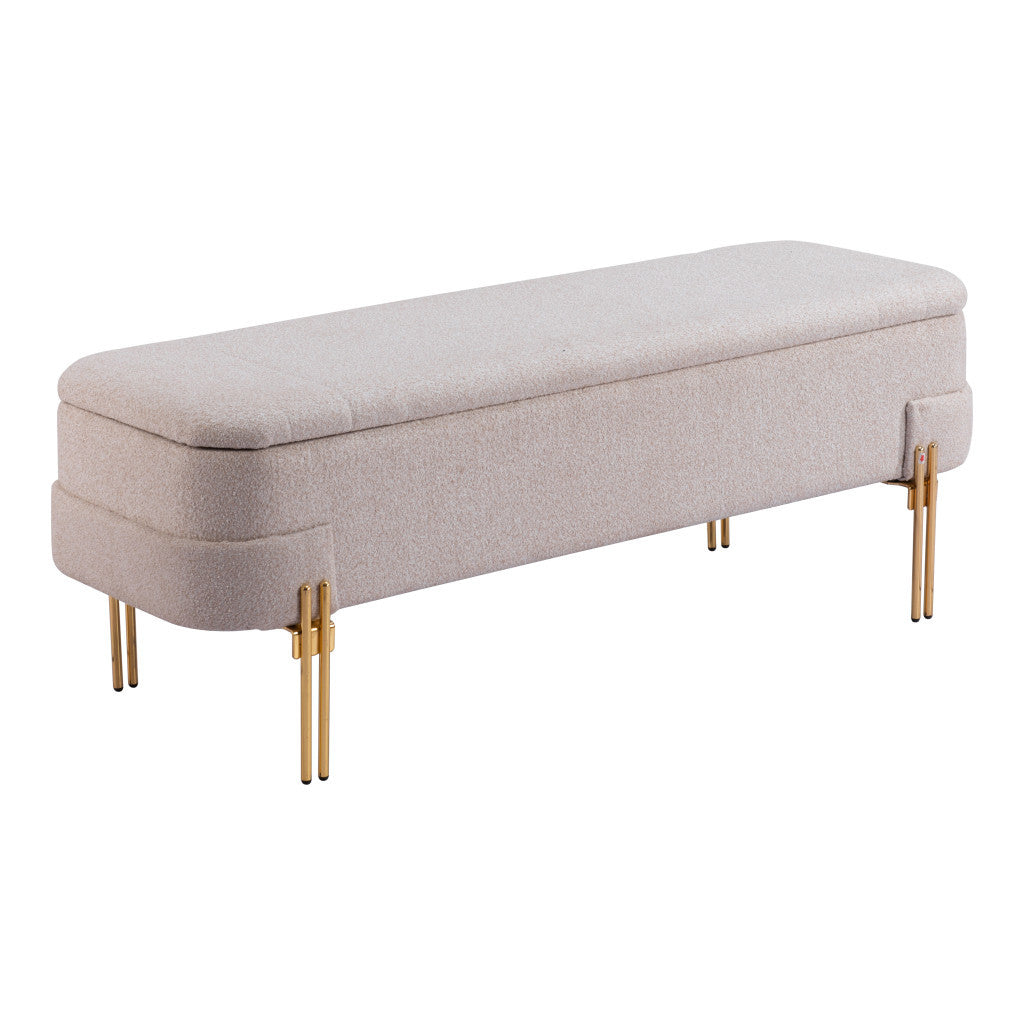 47" Beige and Gold Fabric Upholstered Bench