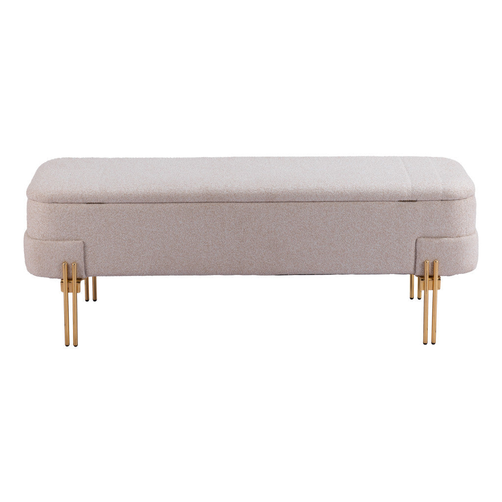 47" Beige and Gold Fabric Upholstered Bench
